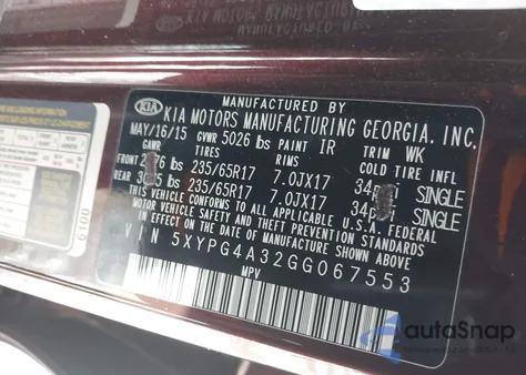 2016 Kia Sorento 2.4L Lx z USA, uszkodzony, nr VIN 5XYPG4A32GG067553